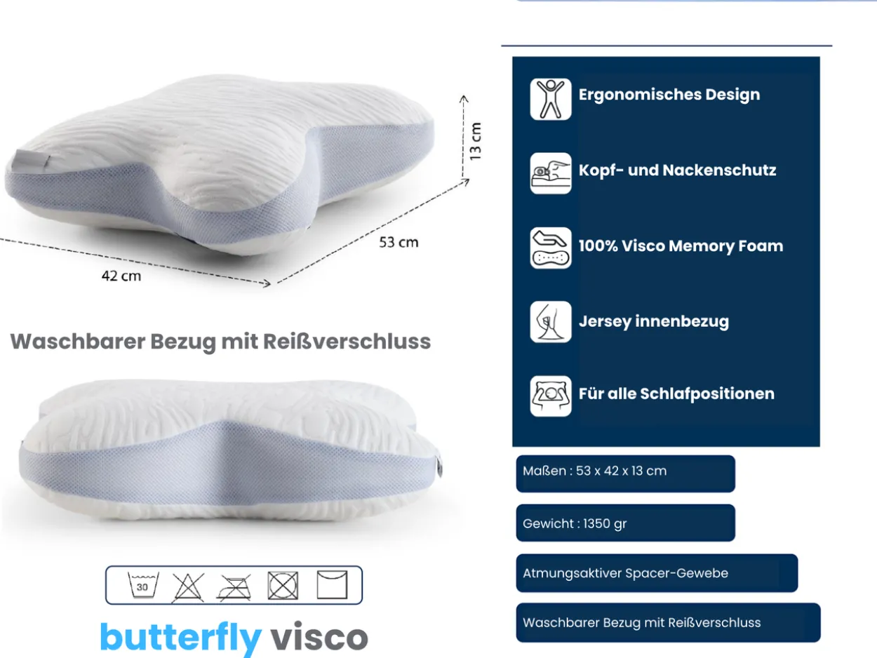 AH Butterfly Visco Komfortkissen für Seiten- und Rückenschläfer – 53x42 cm