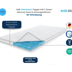 AH8 Gelschaum Topper mit 7-Zonen Memory Foam & atmungsaktivem 3D-Klimabezug