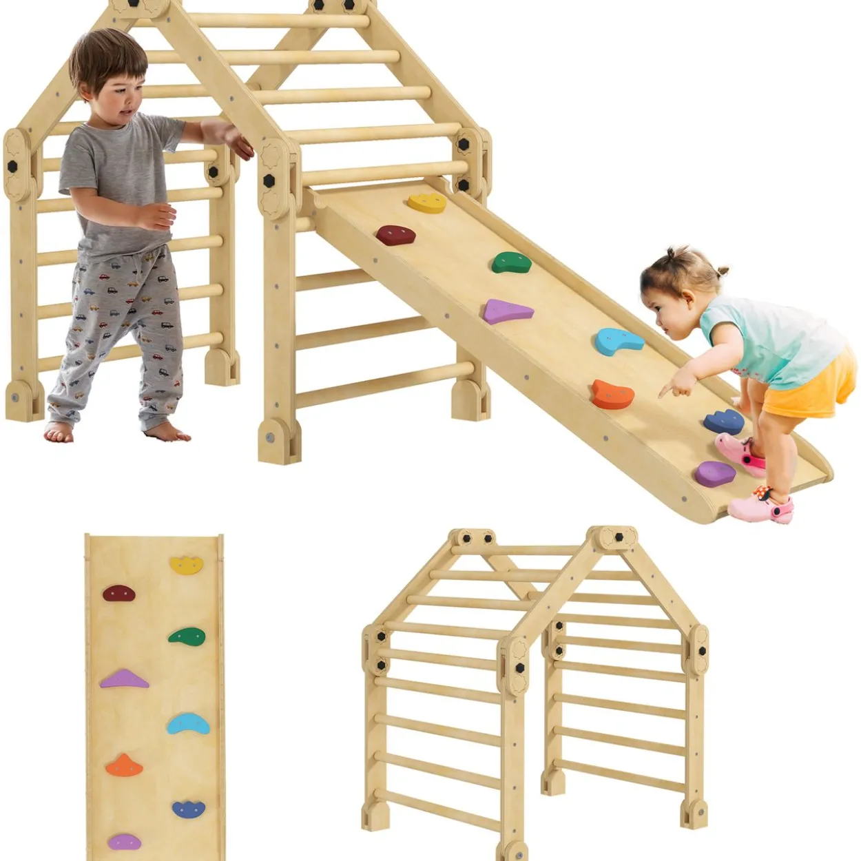 AIYAPLAY 3 in 1 Klettergerüst Set mit Rutsche, Kletterdreieck aus Holz Indoor