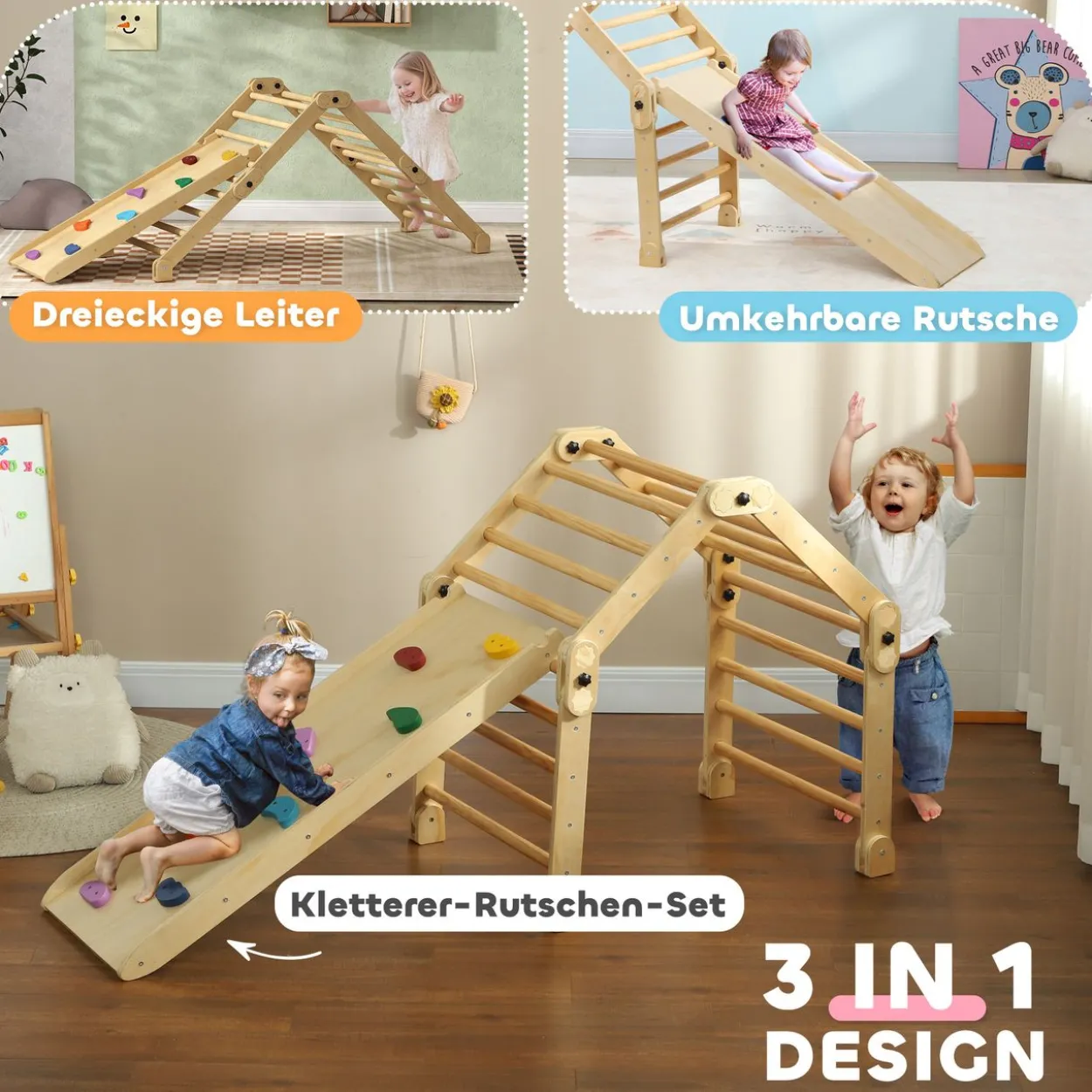 AIYAPLAY 3 in 1 Klettergerüst Set mit Rutsche, Kletterdreieck aus Holz Indoor