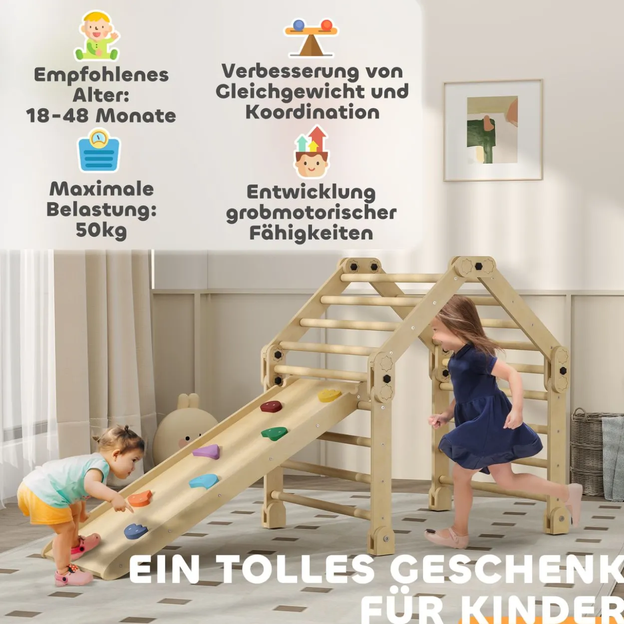 AIYAPLAY 3 in 1 Klettergerüst Set mit Rutsche, Kletterdreieck aus Holz Indoor
