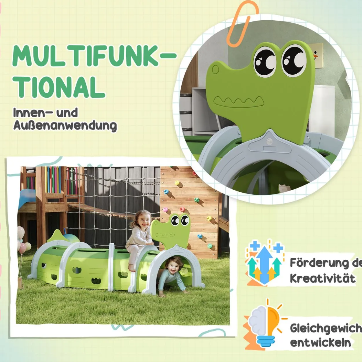 AIYAPLAY Krabbeltunnel für Kinder, Spieltunnel 194 cm, in Cartoon-Krokodil