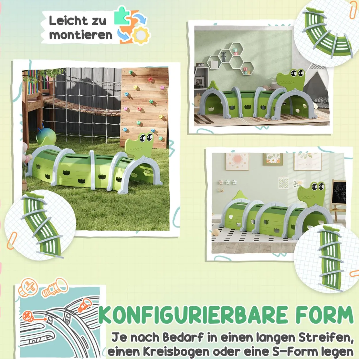 AIYAPLAY Krabbeltunnel für Kinder, Spieltunnel 194 cm, in Cartoon-Krokodil