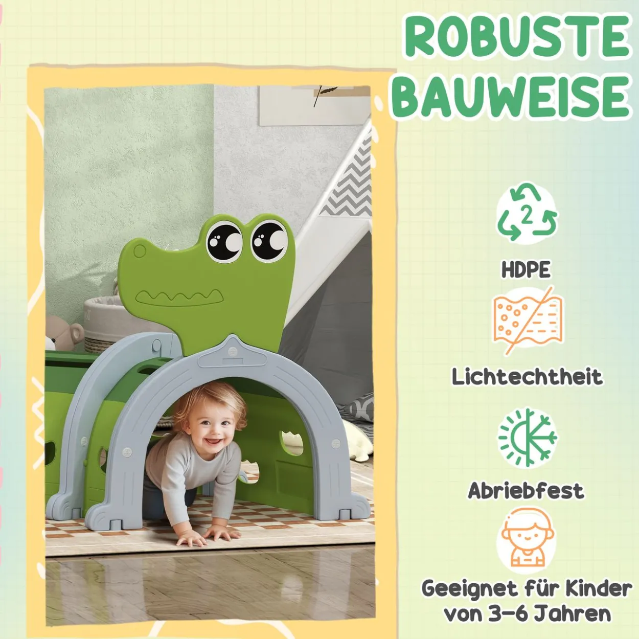 AIYAPLAY Krabbeltunnel für Kinder, Spieltunnel 194 cm, in Cartoon-Krokodil