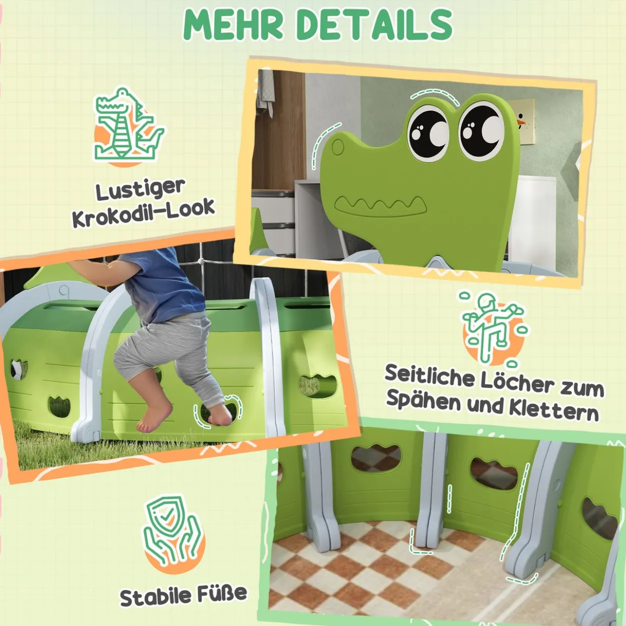 AIYAPLAY Krabbeltunnel für Kinder, Spieltunnel 194 cm, in Cartoon-Krokodil