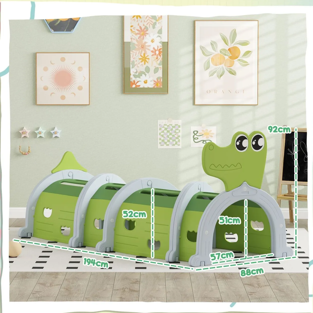 AIYAPLAY Krabbeltunnel für Kinder, Spieltunnel 194 cm, in Cartoon-Krokodil