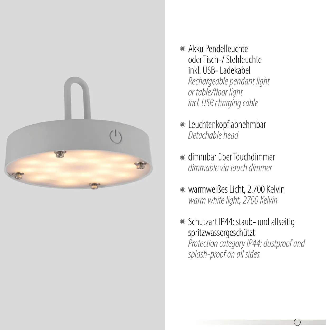 Akku Pendelleuchte AKUBA, 1x LED-Board/1,50Watt/2700Kelvin, IP44, Greige