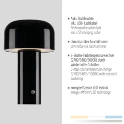 Akku- Tischleuchte AGNES, 1x LED-Board/1Watt/2700-5000Kelvin, IP20, Schwarz