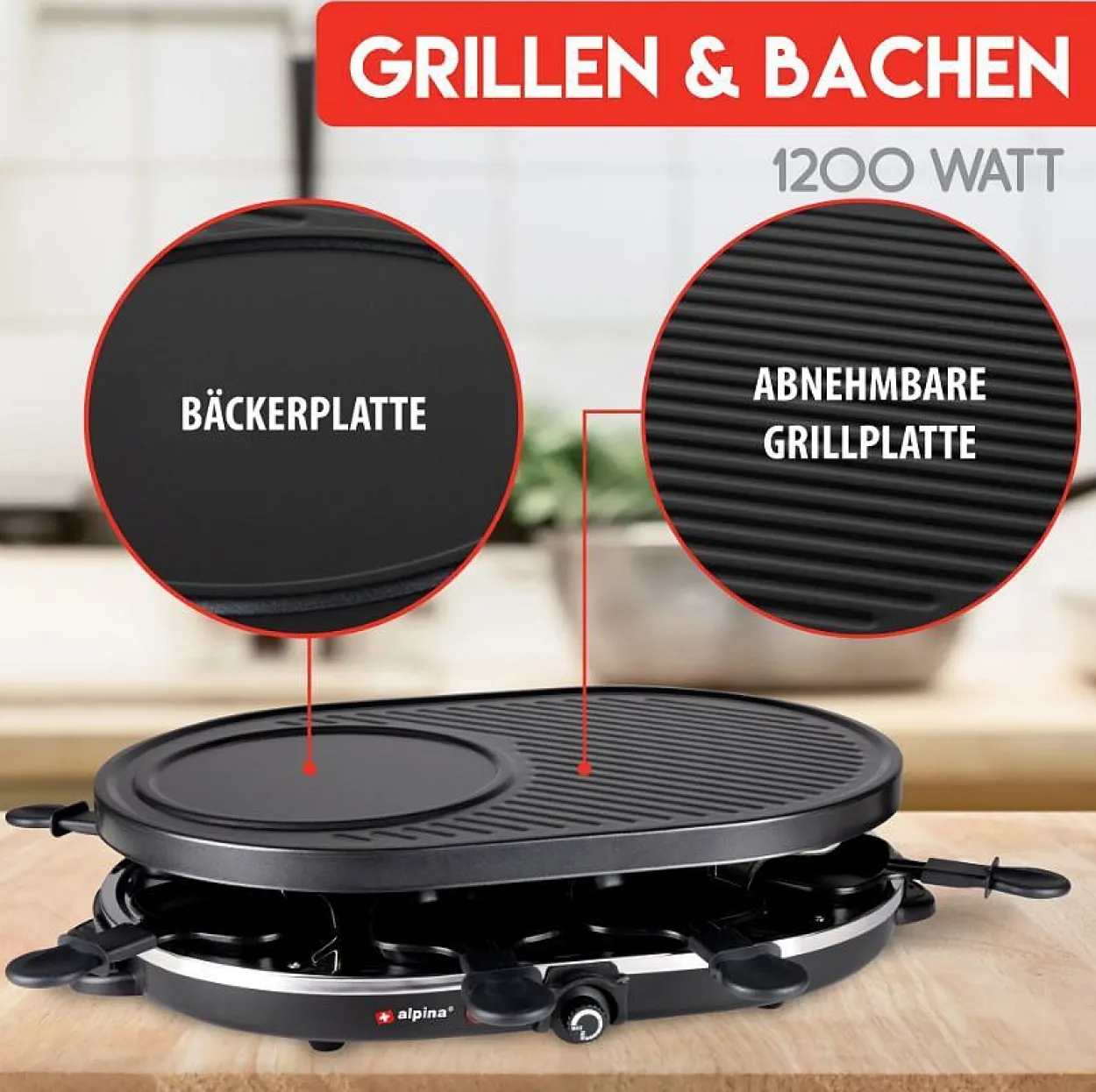 Alpina Raclettegrill, 1200 Watt, Schwarz