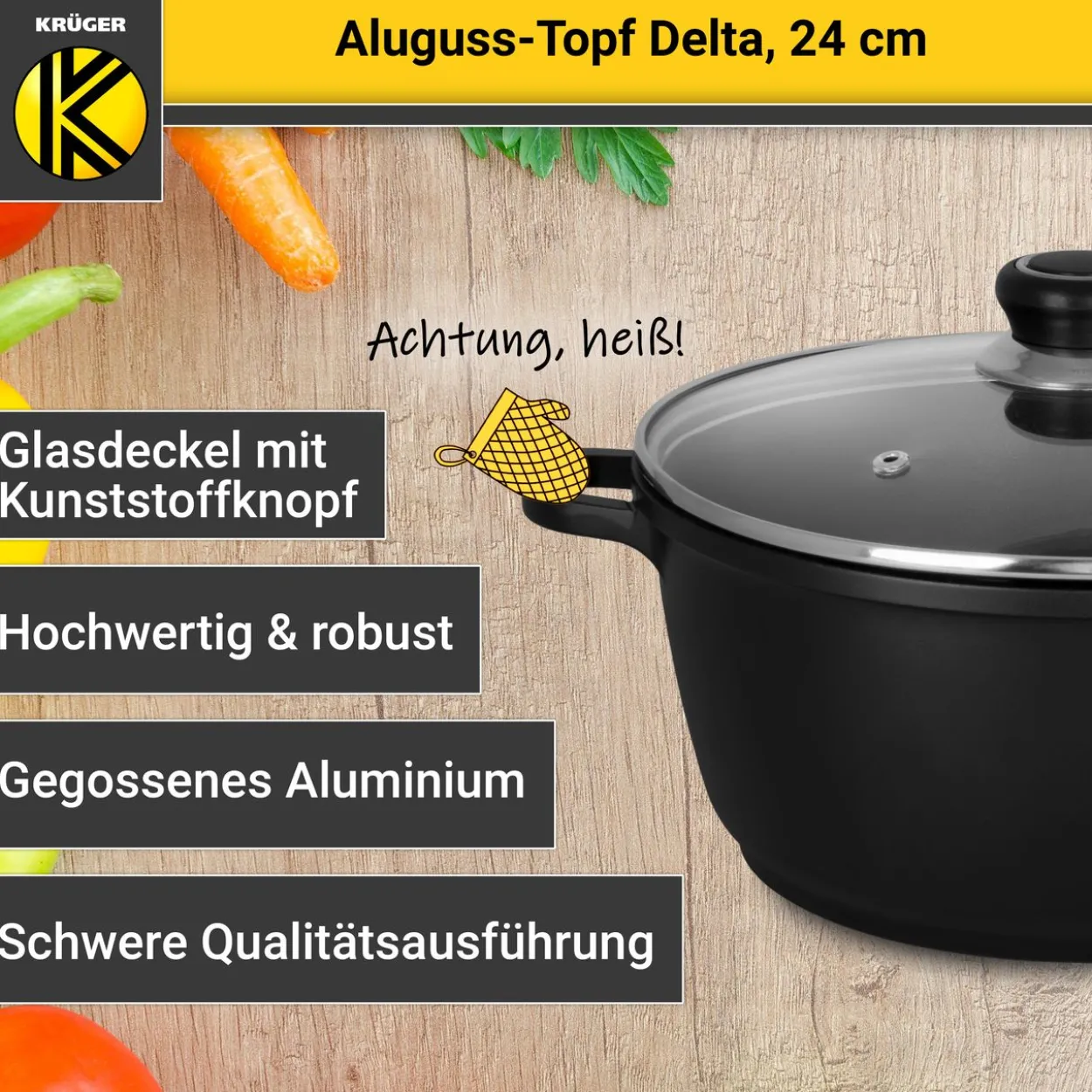 Aluguss Fleischtopf DELTA mit Deckel, 24 cm