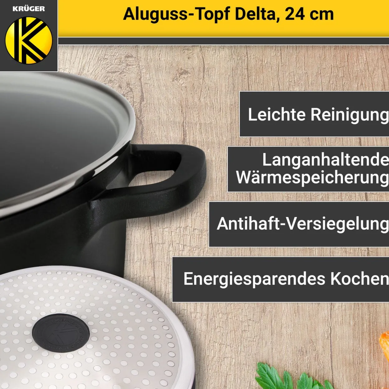 Aluguss Fleischtopf DELTA mit Deckel, 24 cm