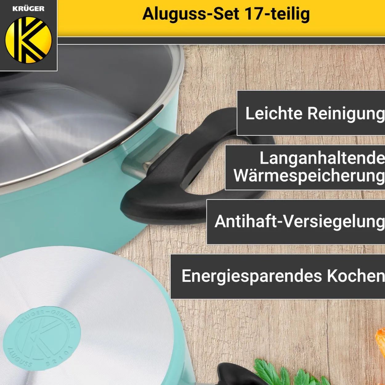Aluguss Kochtopf Set 17 tlg., mint