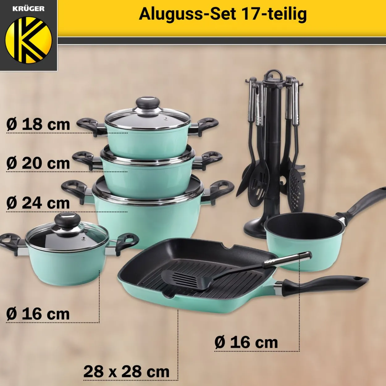 Aluguss Kochtopf Set 17 tlg., mint