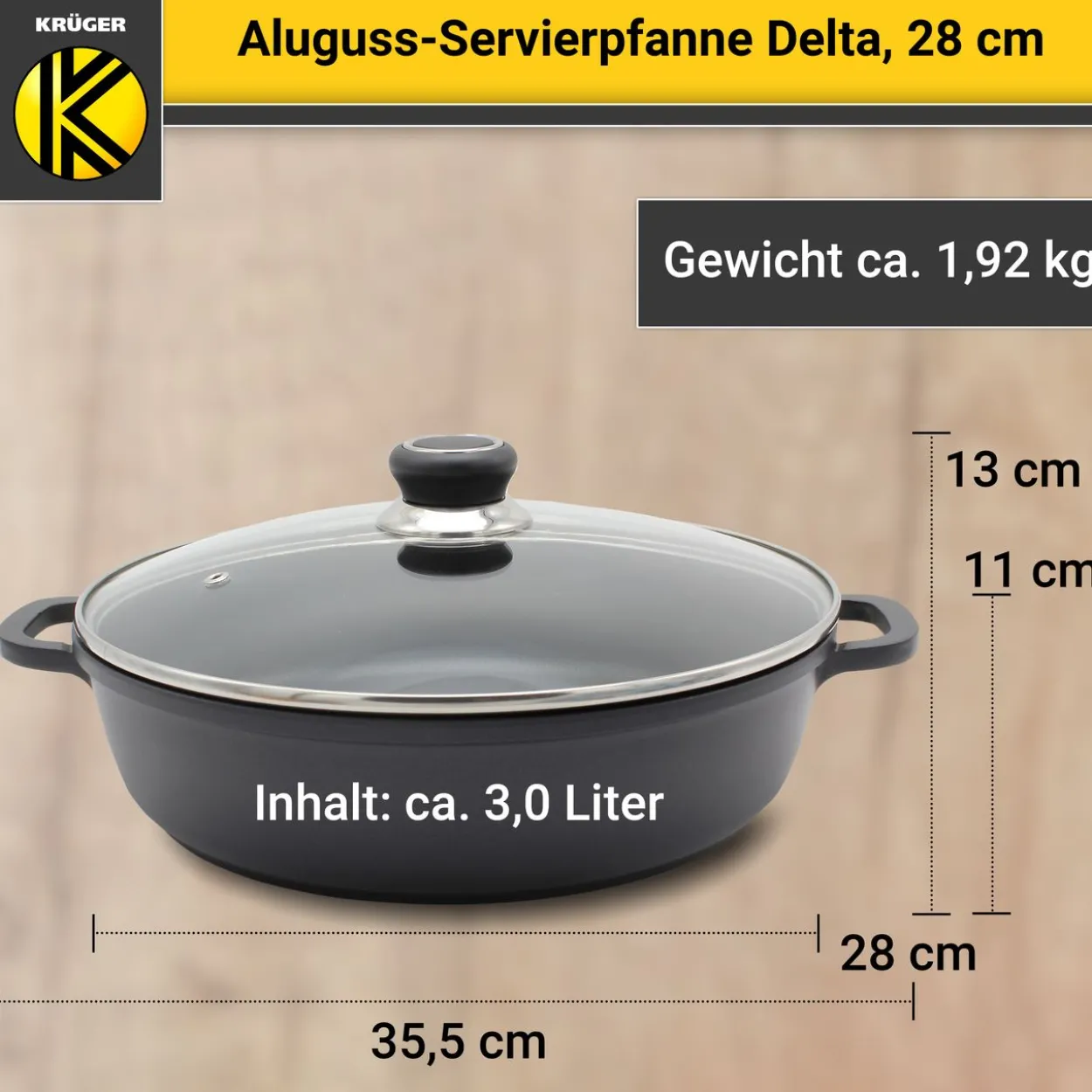 Aluguss Servierpfanne DELTA rund mit Deckel, 28 cm
