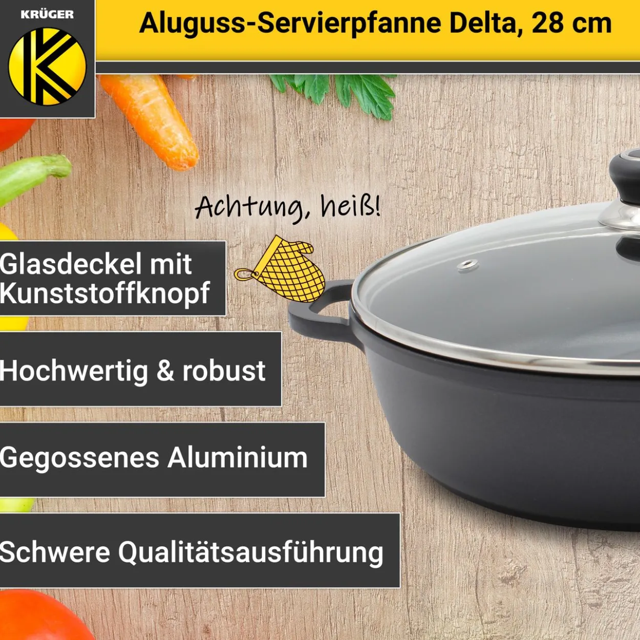 Aluguss Servierpfanne DELTA rund mit Deckel, 28 cm