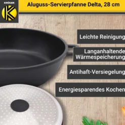 Aluguss Servierpfanne DELTA rund mit Deckel, 28 cm