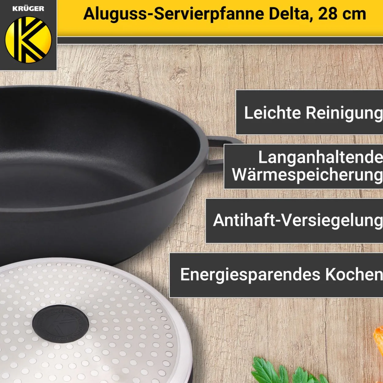 Aluguss Servierpfanne DELTA rund mit Deckel, 28 cm