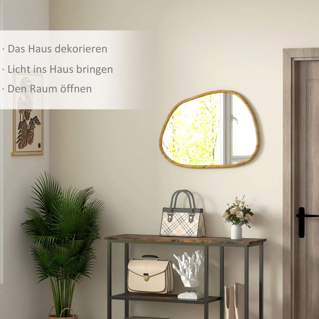 Asymmetrisch Wandspiegel, 70 x 50 cm Badezimmerspiegel mit Holzrahmen