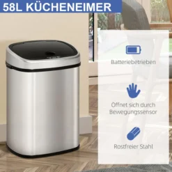 Automatik Mülleimer Abfalleimer mit Infrarotsensor Kücheneimer 58L Silber L40,9 x B28,9 x H68 cm