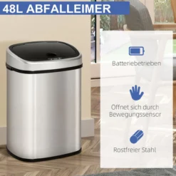 Automatik Mülleimer Abfalleimer mit Infrarotsensor Kücheneimer 48L Silber L40,5 x B29,5 x H57 cm