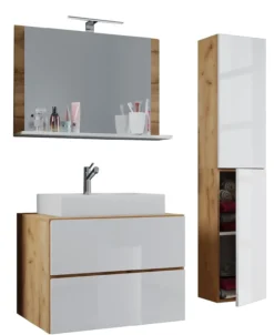 Badblock Lendas L 60cm Unterschrank + Spiegel + 1 Seitenschrank Honig-Eiche/Weiß