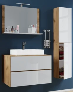 Badblock Lendas L 60cm Unterschrank + Spiegel + 1 Seitenschrank Honig-Eiche/Weiß
