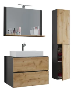 Badblock Lendas L 80cm Unterschrank + Spiegel + 1 Seitenschrank Anthrazit/Honig-Eiche