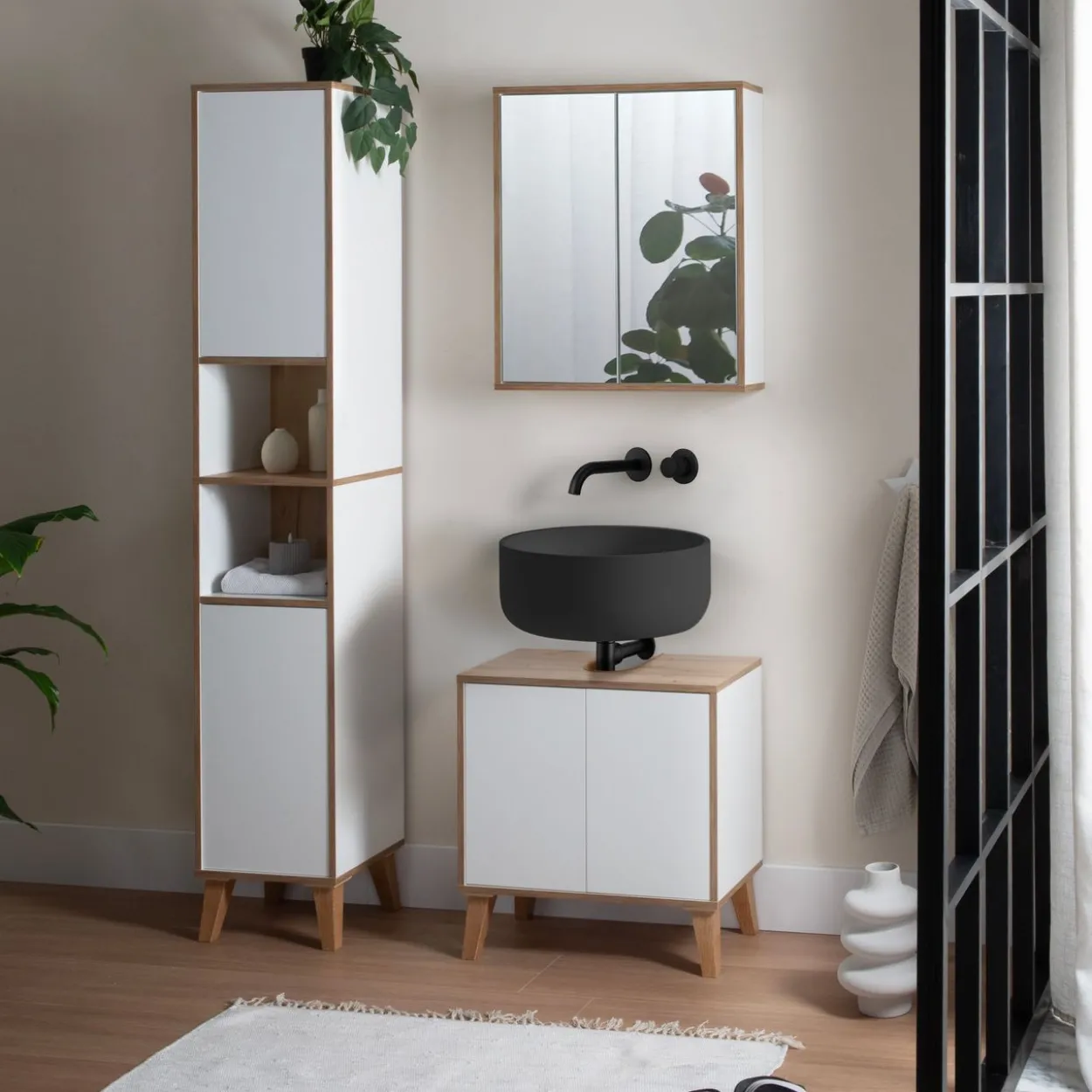 Badschrank MORENA mit 2 Türen und 2 offenen Fächern, Weiß/Eiche