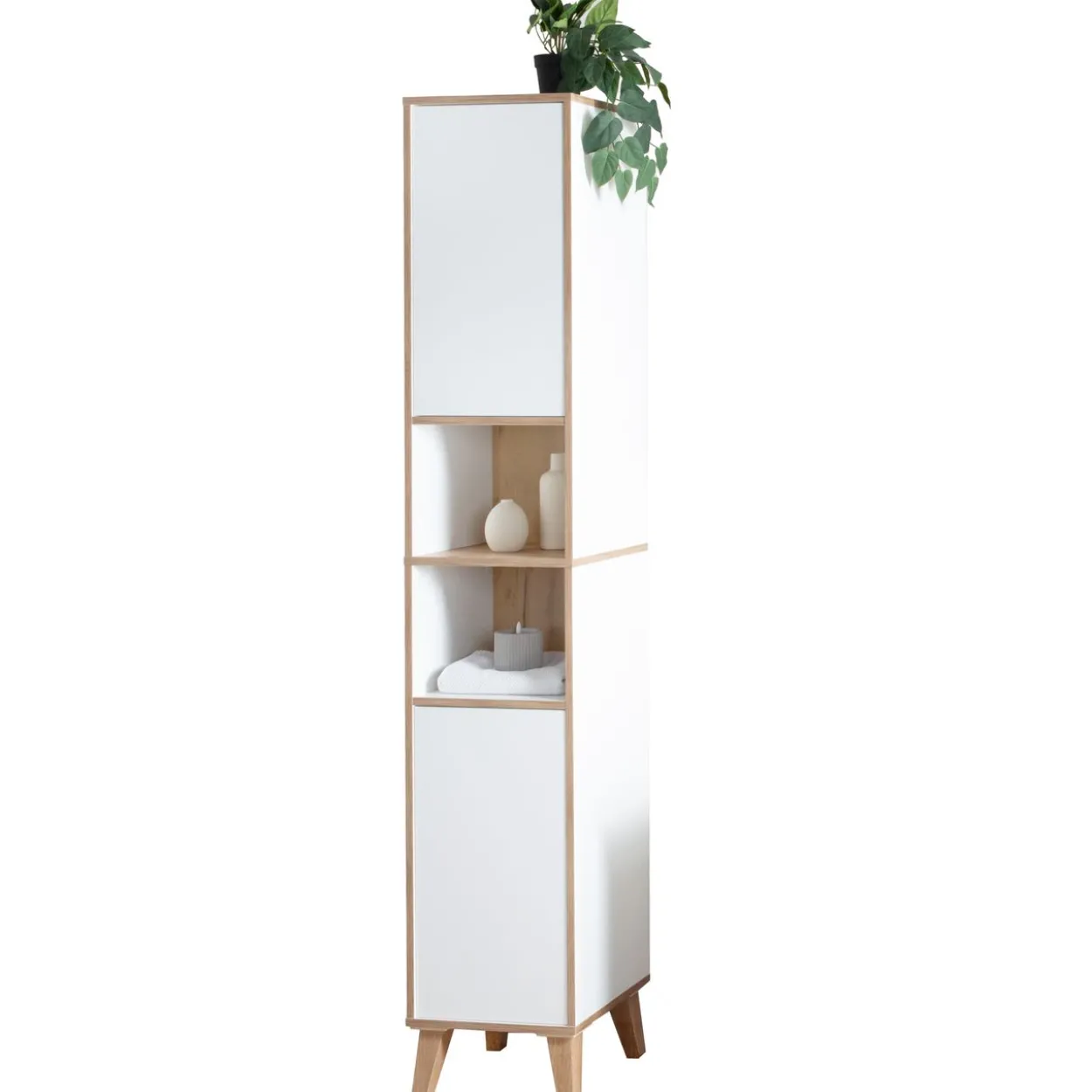 Badschrank MORENA mit 2 Türen und 2 offenen Fächern, Weiß/Eiche