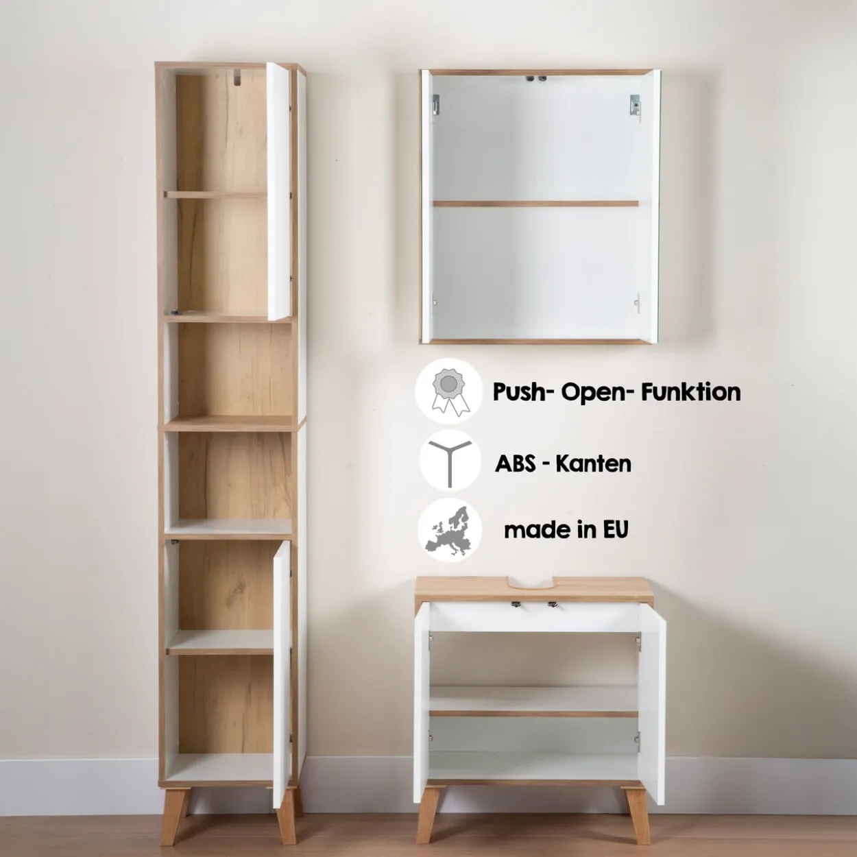 Badschrank MORENA mit 2 Türen und 2 offenen Fächern, Weiß/Eiche