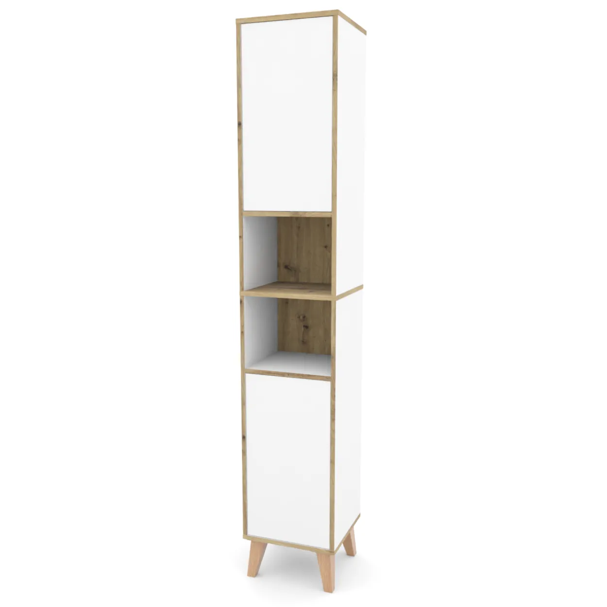 Badschrank MORENA mit 2 Türen und 2 offenen Fächern, Weiß/Eiche