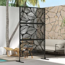 Balkon Sichtschutz, 122 x 198 cm Raumtrenner mit Blättermuster, Ständer Schwarz