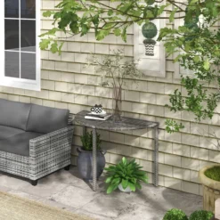 Balkontisch Beistelltisch halbrund Polyrattan+Metall Grau 100x50x74 cm