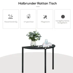 Balkontisch, halbrund Polyrattan + Metall Schwarz 100 x 50 x 74 cm