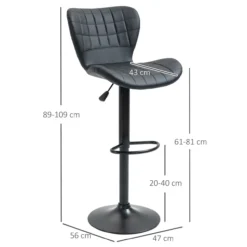 Barhocker 2er-Set mit Rückenlehne für Küche Esszimmer Kunstleder Schwarz 47 x 56 x 89-109 cm