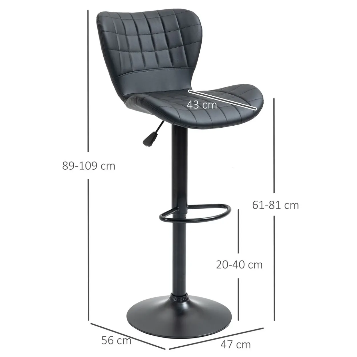 Barhocker 2er-Set mit Rückenlehne für Küche Esszimmer Kunstleder Schwarz 47 x 56 x 89-109 cm