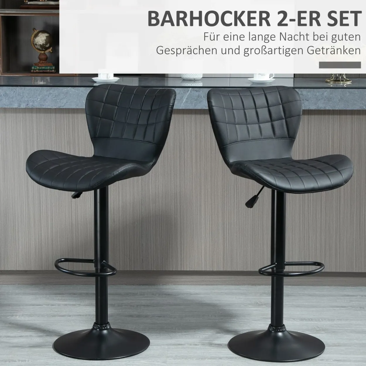 Barhocker 2er-Set mit Rückenlehne für Küche Esszimmer Kunstleder Schwarz 47 x 56 x 89-109 cm