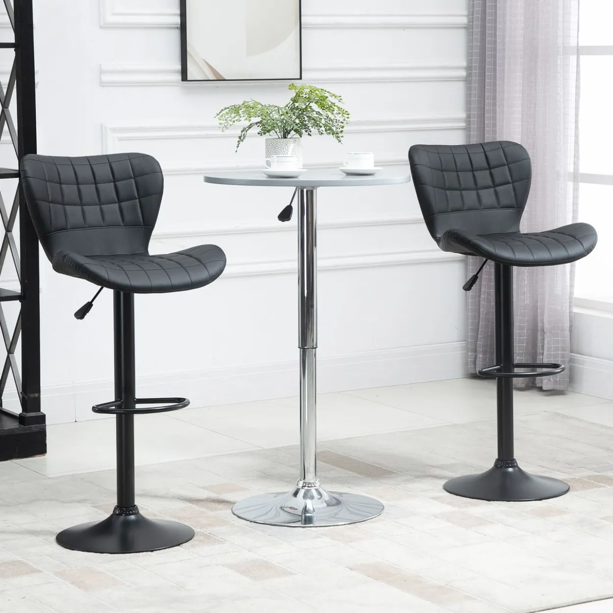 Barhocker 2er-Set mit Rückenlehne für Küche Esszimmer Kunstleder Schwarz 47 x 56 x 89-109 cm
