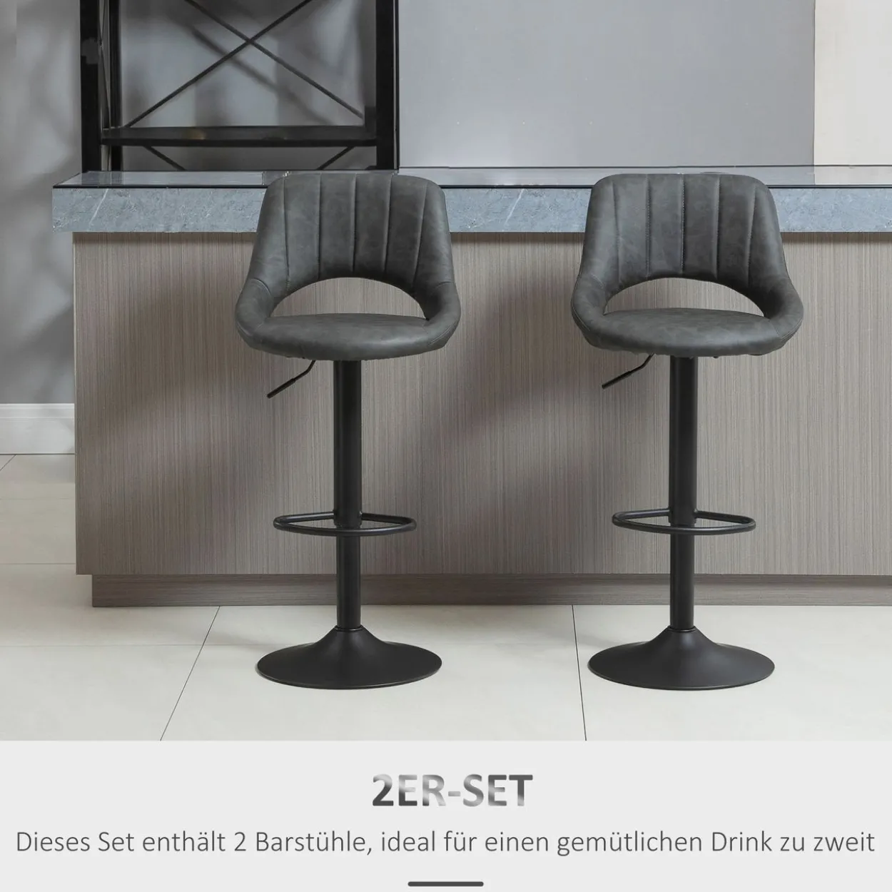 Barhocker-Set, 2 Hocker, Küchenhocker, Lederoptik, drehbar mit Fußstütze