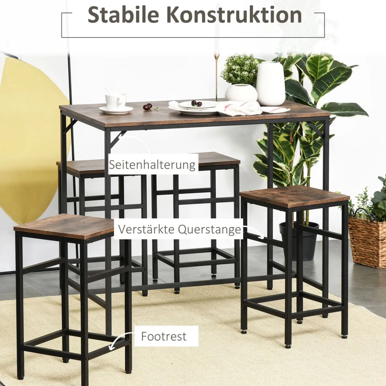 Bartisch-Set Stehtisch mit 4 Barhockern 5-teiliges Tischset Stahl Braun