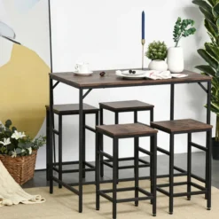 Bartisch-Set Stehtisch mit 4 Barhockern 5-teiliges Tischset Stahl Braun
