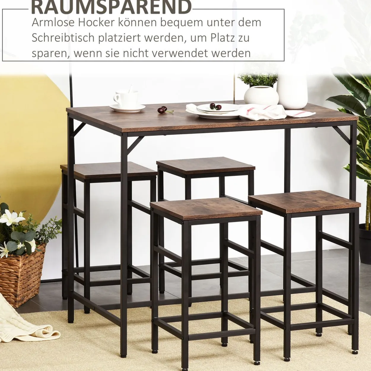 Bartisch-Set Stehtisch mit 4 Barhockern 5-teiliges Tischset Stahl Braun