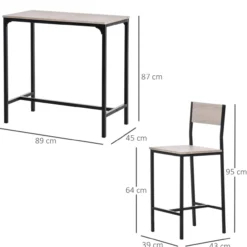 Bartisch Set 3-teilig, Küchentresen mit Barstühlen, Metallgestell, 89 x 45 x 87 cm, - Schwarz