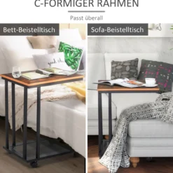 Beistelltisch C-Form, Rollwagen Servierwagen Holz + Metall Schwarz + Walnuss gemasert 51 x 36 x 65cm