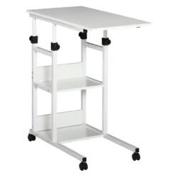 Beistelltisch mit Rollen, Nachttisch höhenverstellbar 2 Regale Metall Weiß 80x40x72-82cm