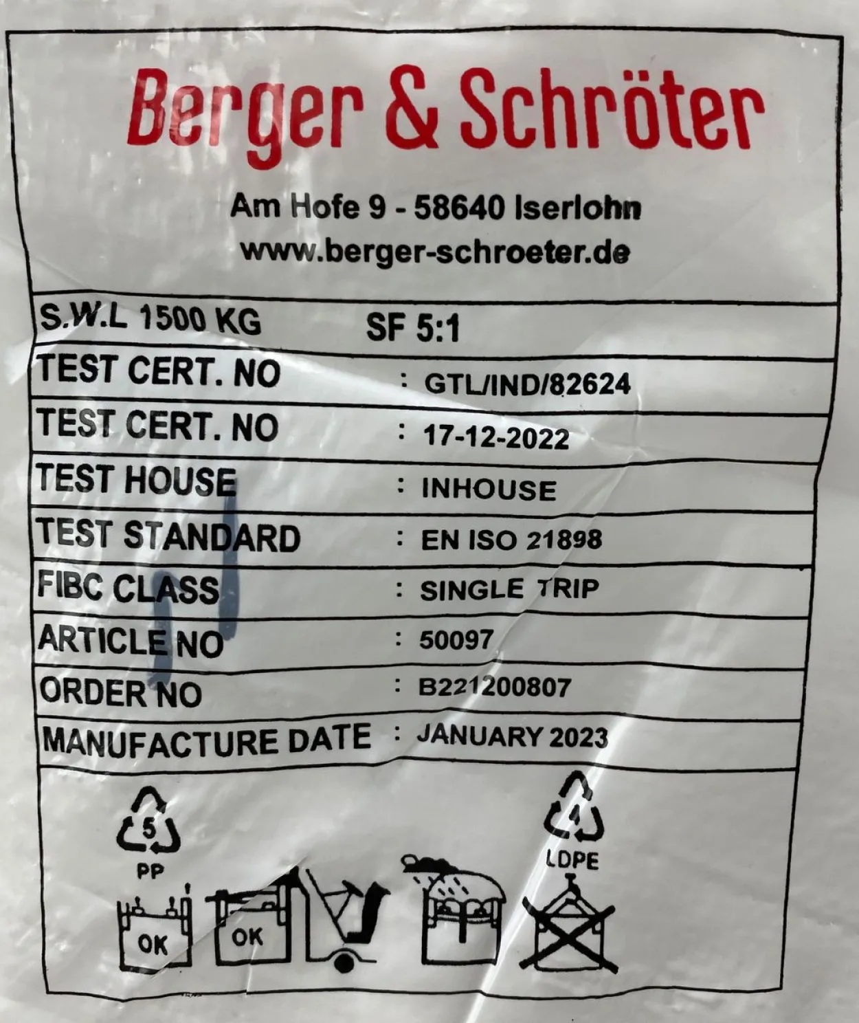 Berger & Schröter | Big Bag 1500kg, 90x90x90cm
