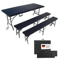 Bierzeltgarnitur Set mit 2x Bierbank und 1x Buffettisch in Rattan Optik