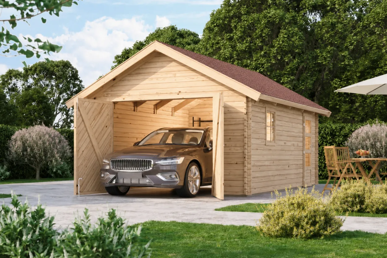 Blockhausgarage mit Tor inkl. Schindeln