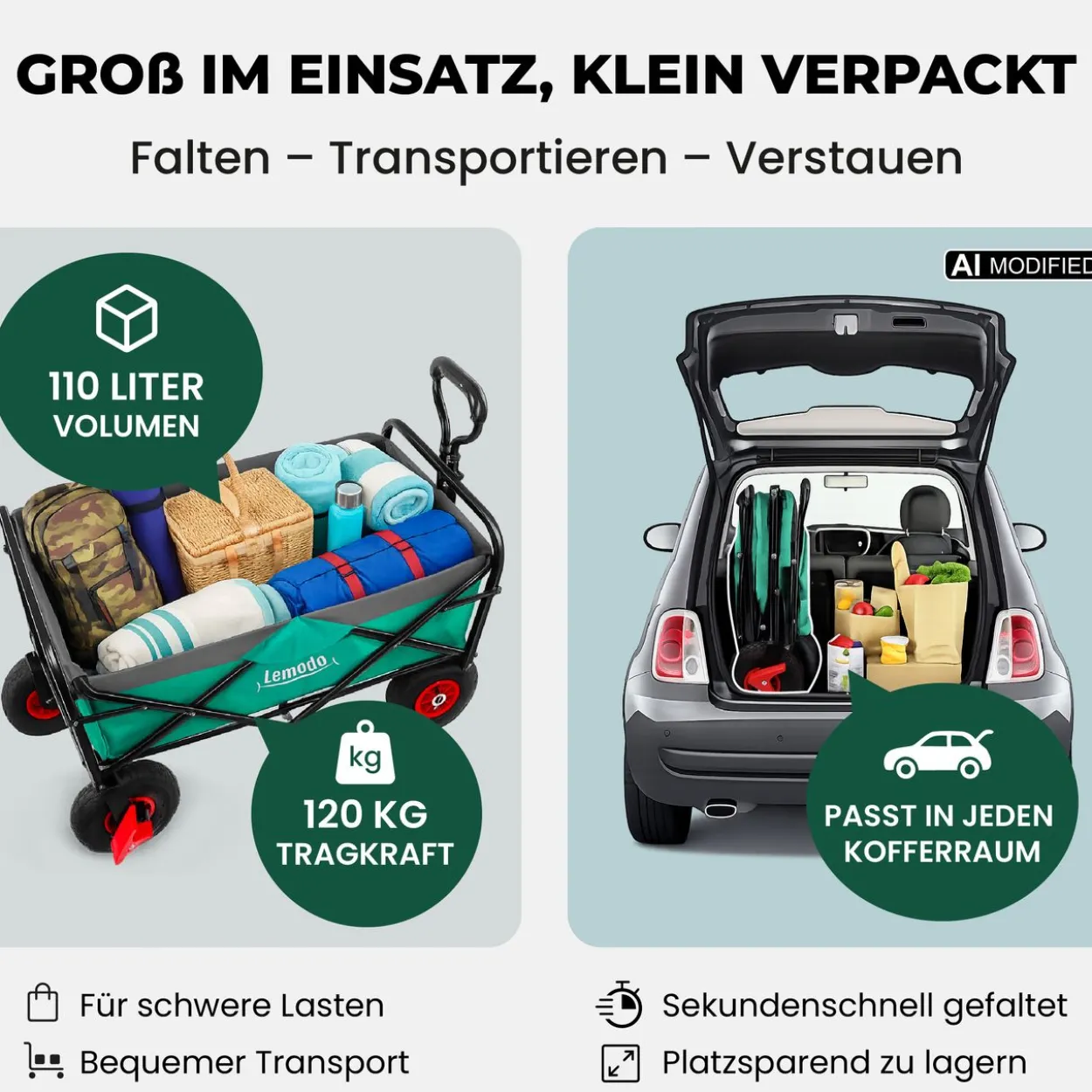 Bollerwagen faltbar, grün-grau, Handwagen mit 120 kg Zuladung