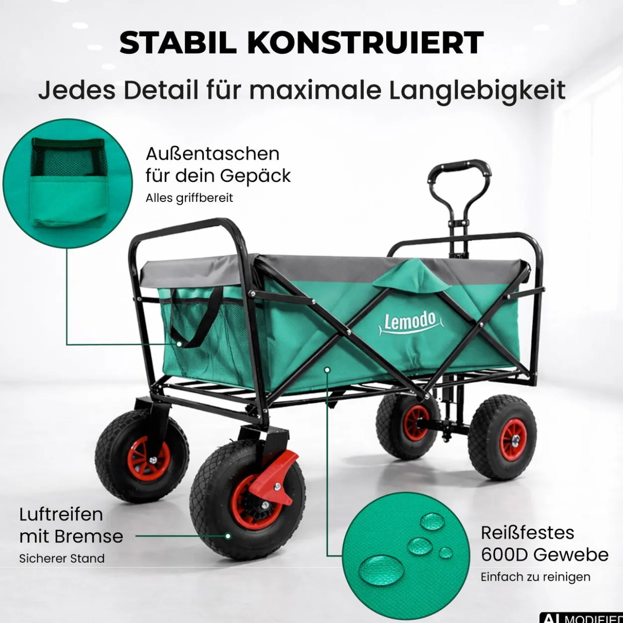 Bollerwagen faltbar, grün-grau, Handwagen mit 120 kg Zuladung